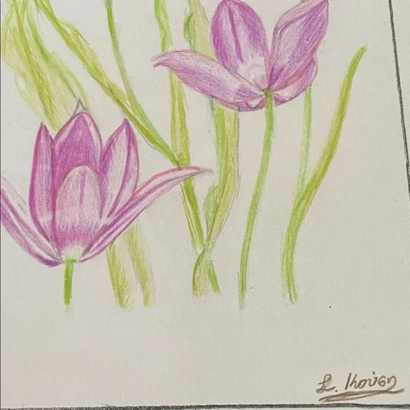 Original Floral Art  with Pink and Green Accents Signed By Artist L Kousy - Picture 4 of 9